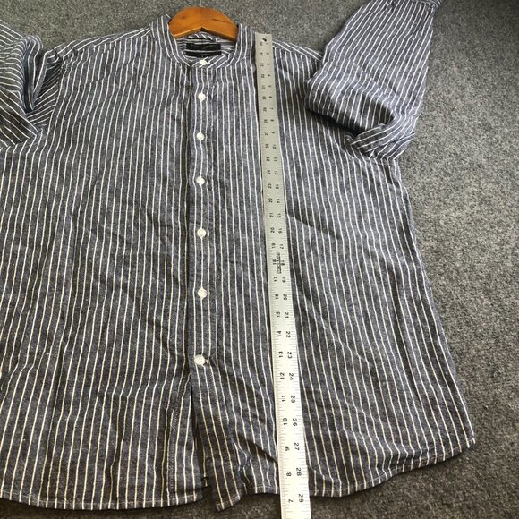 Banana Republic Shirt Mens Large Blue Button Linen Blend Stripe Band Collar - Picture 6 of 9